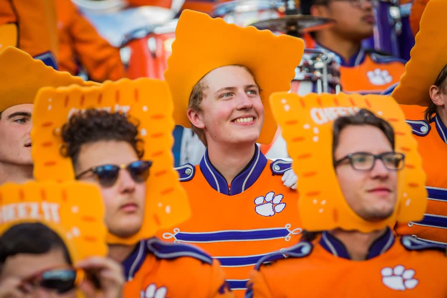 A marching band performing at a bowl game.
